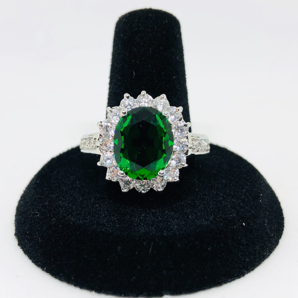 Emerald & Diamond Halo Ring, Simulated Stones, Silver Plated, NWOT, Size10.5